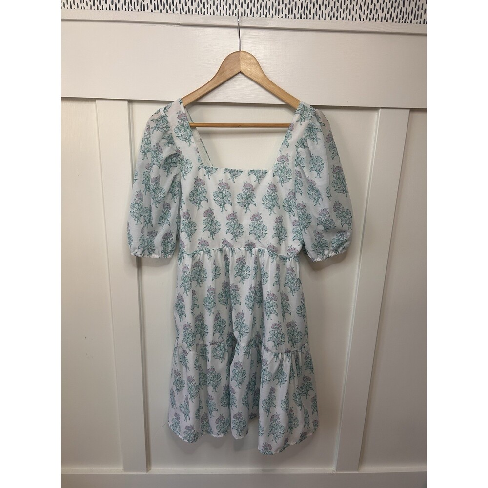 mare Women's Floral Smocked Puff Sleeve Square Neck Zip Short Dress M White